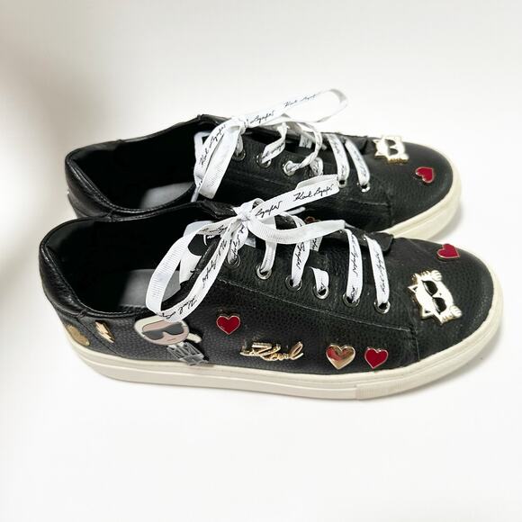CATE PINS Karl Lagerfeld Paris Black Leather Sneakers Women’s Size 7 Cat Hearts - Picture 5 of 9